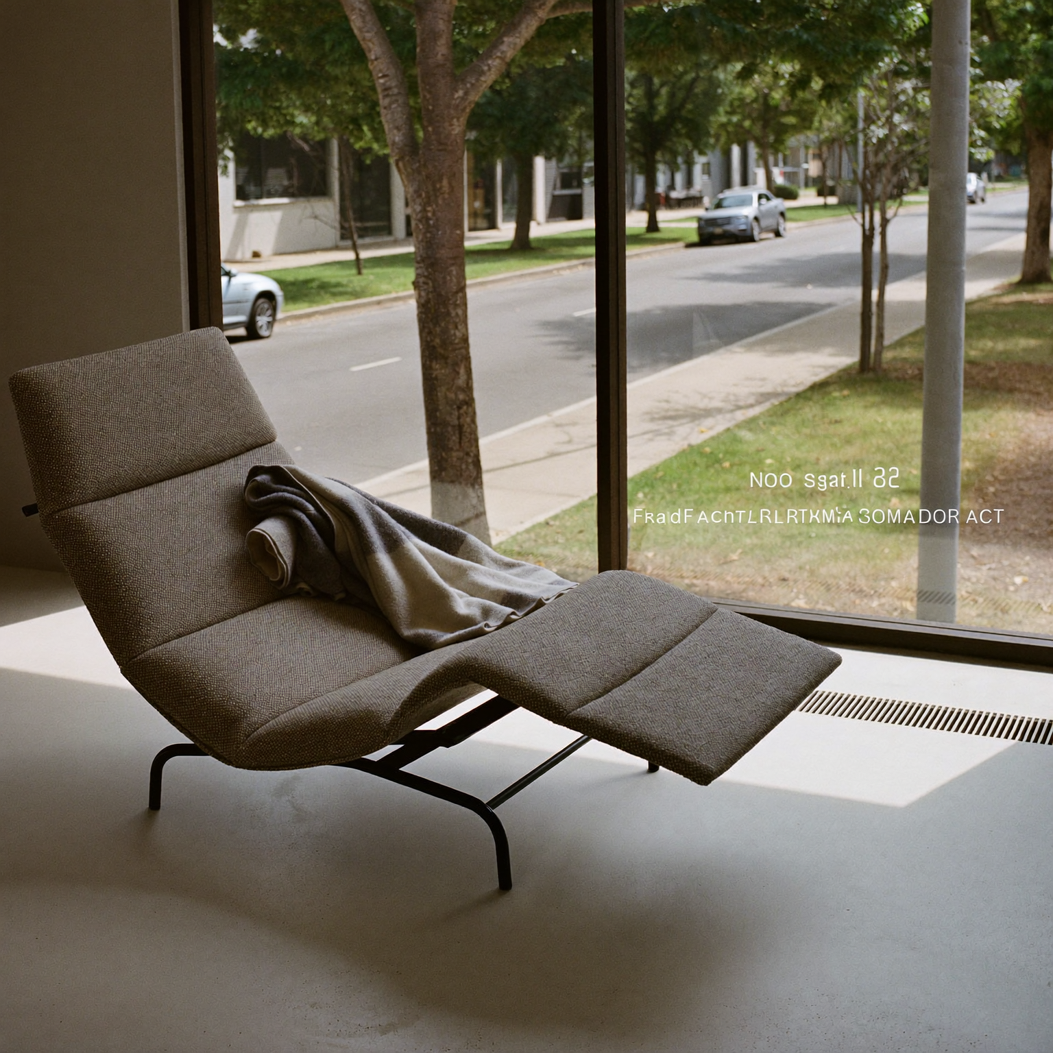 Reclining chair with a folded blanket beside a sunlit studio window
