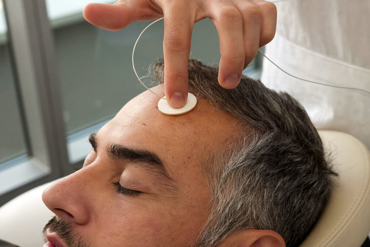 Close-up of a practitioner pressing a small flat sensor pad with a thin wire onto the temple of a man resting with his eyes closed.