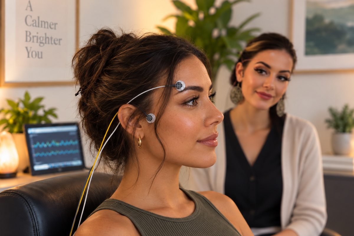 A client relaxing during a microcurrent neurofeedback session at Momentous Neurofeedback, with sensors in place and a practitioner nearby.