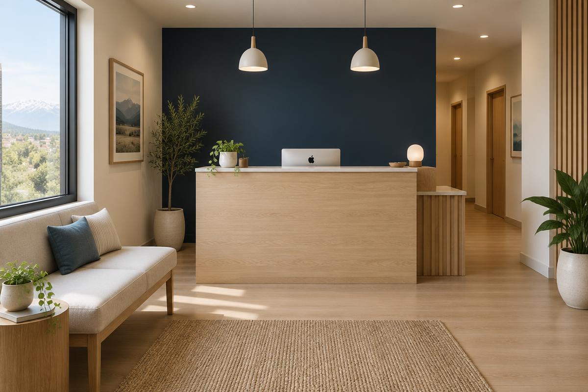 Rendered visualization of the Suite 1F reception: a light oak front desk with a receptionist seated behind it and a visitor standing at the desk, in front of a deep navy wall.
