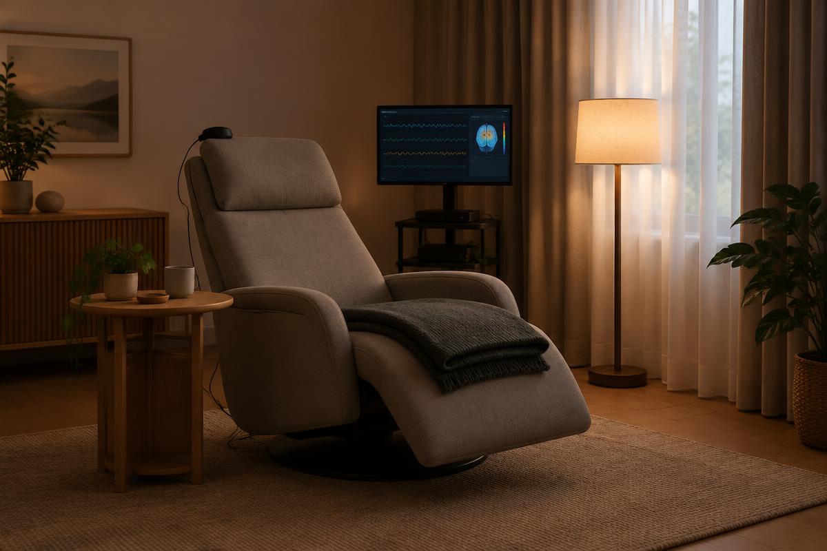 Rendered visualization of a session room with a reclining chair, a folded blanket, a small side table, and a dimmable lamp beside a curtained window.