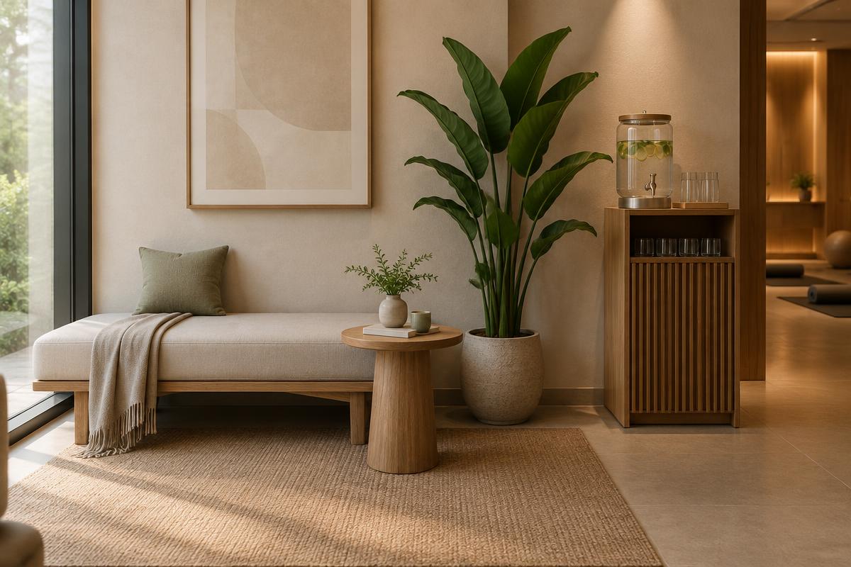 Rendered visualization of the quiet waiting area with a low upholstered bench, a small round side table, a water dispenser with glasses, and a tall plant.